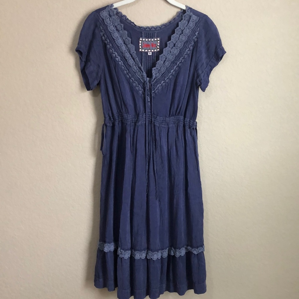 Johnny Was Indigo Lace-Trim Tiered Midi Dress